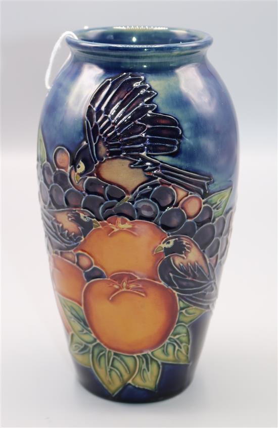 Moorcroft Finch and Pomegranate pattern blue ground vase